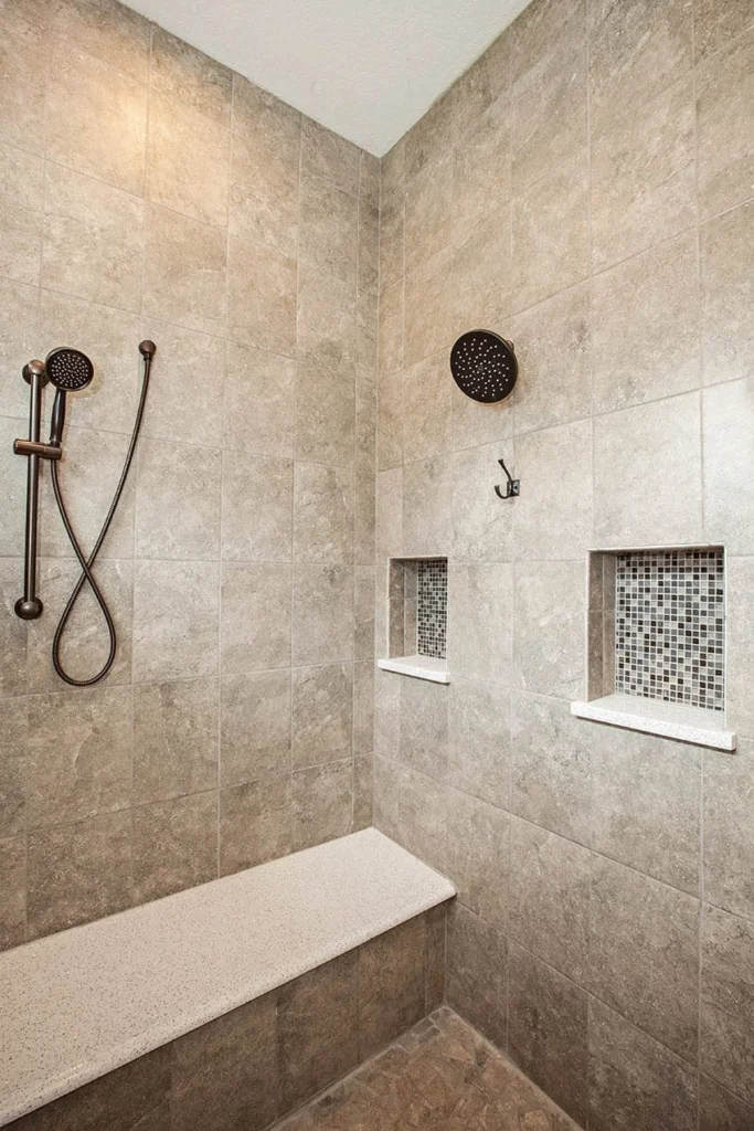 Walk-in shower with large-format tile, a built-in bench and a tiled niche